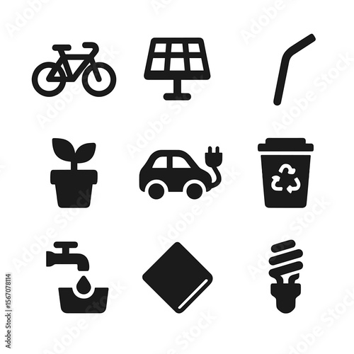 Eco-Friendly Icons Grid. Solid, filled icon set of eco-friendly lifestyle elements: bicycle, solar panel, reusable straw, plant