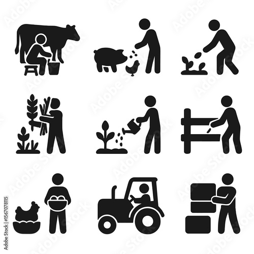 Farm Life Icon Set. Solid, filled icon set of farm life daily activities: milking cow, feeding animals, planting seeds, harvesting