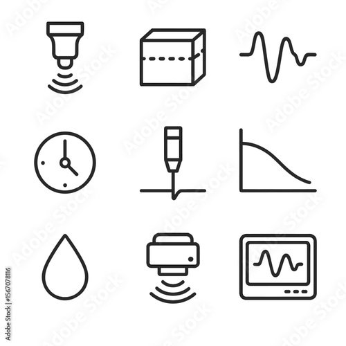 Acoustic Material Icons. Outline icon set of acoustic material characterization: ultrasonic probe, material sample block, waveform