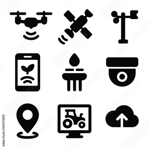 Farm Tech Icon Set. Solid, filled icon set of farm monitoring technology: drone, satellite, weather station, smartphone app, soil