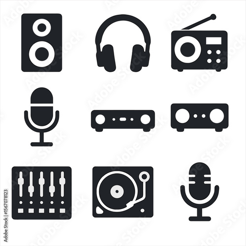 Sound Tech Icons. Solid, filled icons set of sound technology devices: speaker, headphone, radio, microphone,