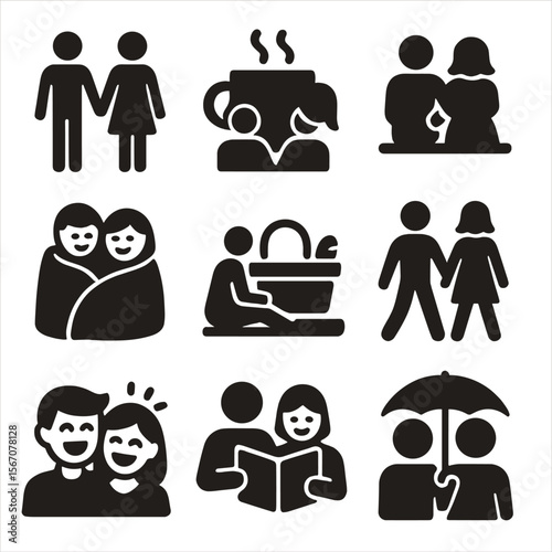 Couple's Simple Joys Icons. Solid, filled icons set of couples enjoying the simple things in life together: