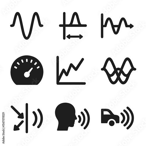 Sound Wave Icons. Solid, filled icons set of sound wave properties: frequency wave, amplitude curve,