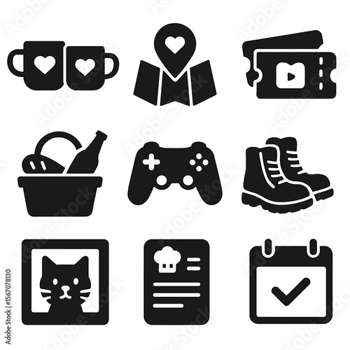 Couple Tradition Icons. Solid, filled icons set of couple traditions: matching mugs, annual trip icon, movie