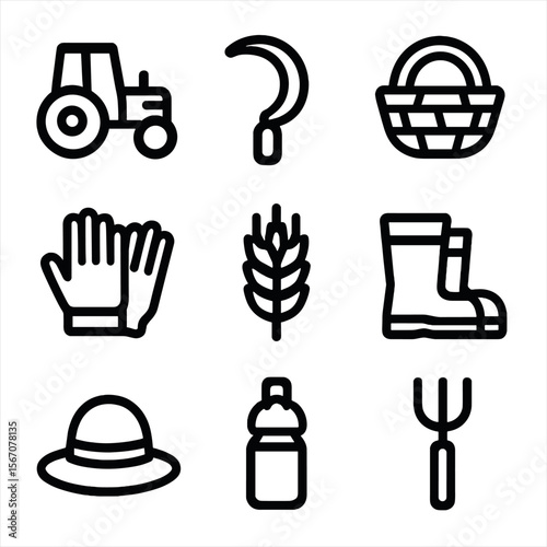 Farm Workers Icon Set. Solid, filled icon set of Farm workers harvesting crops: tractor, sickle, basket, gloves, wheat sheaf,