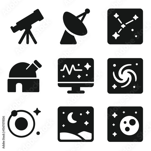 Space Observation Icons. Solid, filled icons set of space observation tools: telescope icon, satellite dish,