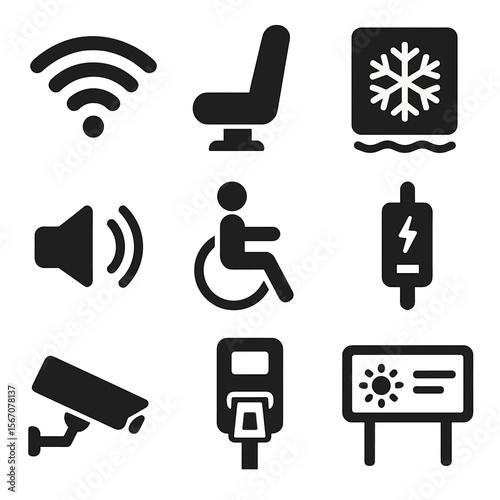 Solar Transport Amenities. Solid, filled icons set of passenger amenities on solar transport: Wi-Fi hotspot,