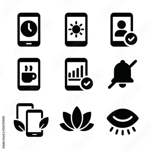 Digital Wellness Icons. Solid, filled icon set of digital wellness: screen time limit, blue light filter, focus mode, break