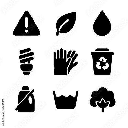 Eco-Friendly Laundry Icons. Solid, filled icon set of laundry safety and eco-friendly: caution sign, eco leaf, water drop, energy