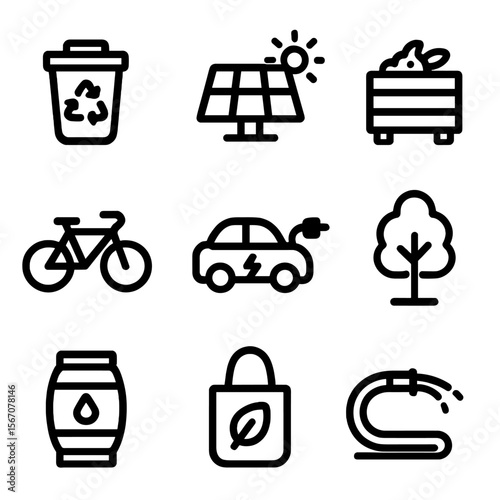 Eco-Friendly Icons Grid. Solid, filled icon set of eco-friendly neighbors: recycling bin, solar panel, compost bin, bicycle,