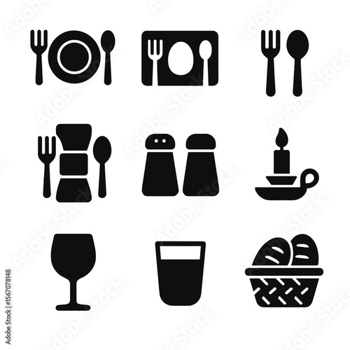 Dining Icon Set. Solid, filled icon set of dining settings with fork and spoon: table setting, place mat, cutlery set, napkin ring
