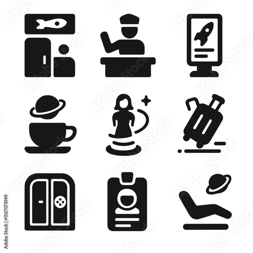 Spaceport Terminal Icons. Solid, filled icons set of spaceport terminal amenities: boarding gate, customs
