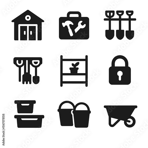 Farm Tools Icon Set. Solid, filled icon set of Farm worker tools storage: shed, toolbox, rack, hooks, shelves, lock, bins, buckets