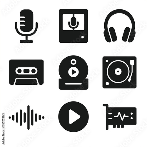 Sound Icons Grid. Solid, filled icons set of sound recording and playback: microphone, recording studio,