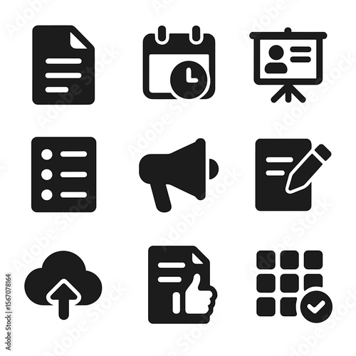 Course Management Icons. Solid, filled icons set of course management: syllabus file, due date, lecture slide,