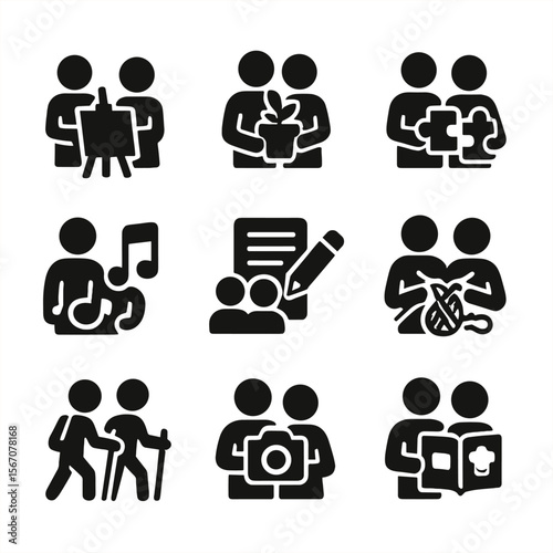 Couples' Hobbies Icons. Solid, filled icons set of couples doing hobbies together: paintbrush and canvas,
