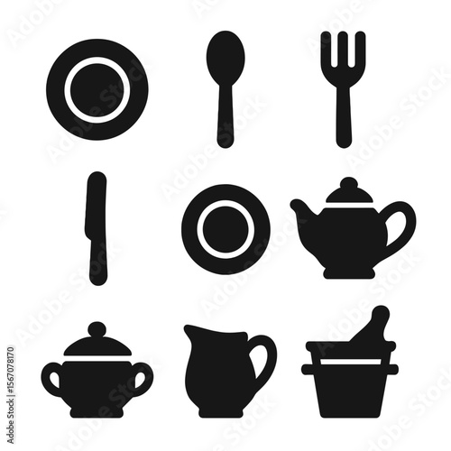 Dining Tableware Icons. Solid, filled icon set of dining tableware: china plate, soup spoon, dessert fork, butter knife, salad
