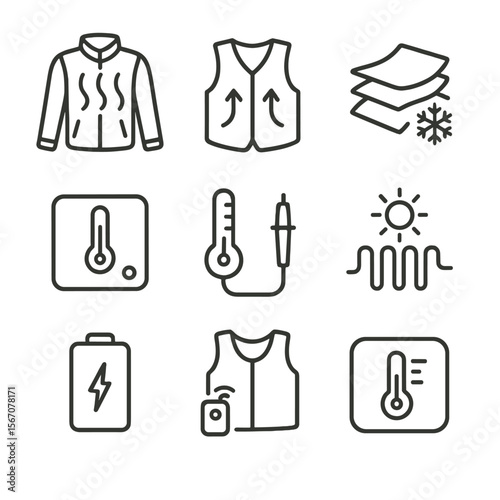 Adaptive Garment Icons. Outline icon set of adaptive temperature-regulating garments: heated jacket, cooling vest, phase-change