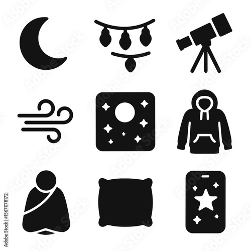 Starlit Concert Icons. Solid, filled icons set of concert under the stars: moon icon, fairy lights, telescope,