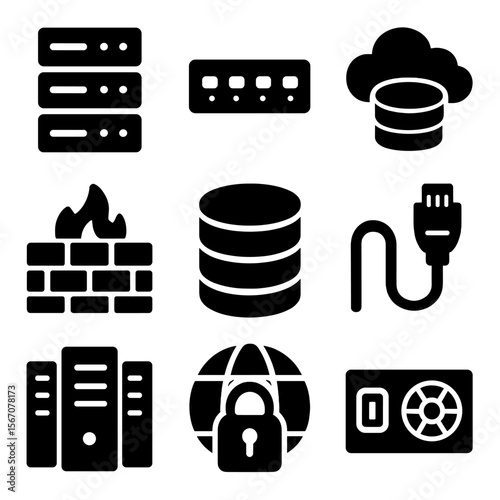 Tech Infrastructure Icons. Solid, filled icon set of business tech infrastructure: server rack, network switch, cloud storage,