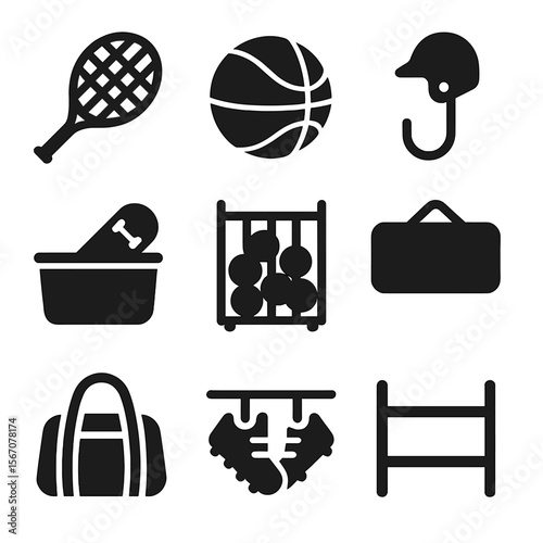 Sports Gear Icons. Solid, filled icons set of sports gear garage storage: tennis racket, basketball, helmet