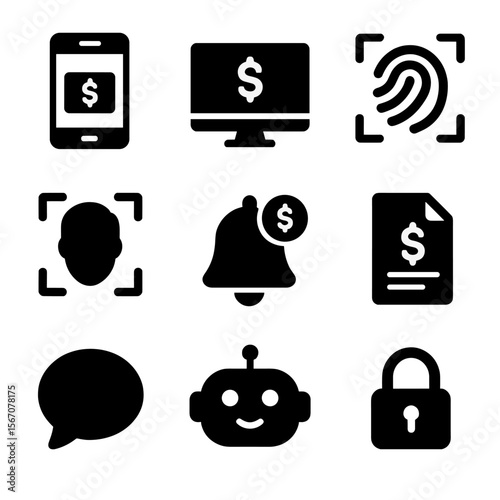 Digital Banking Icons. Solid, Filled icon set of digital banking features: mobile banking app, online dashboard, biometric login