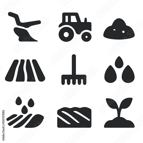 Farming Icons Grid. Solid, filled icon set of cultivated soil: plow, tractor, soil, farming, earth, furrows, rake, seeds, seedling