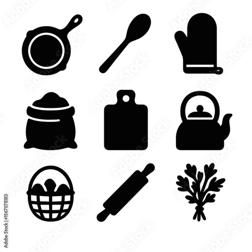 Farmhouse Kitchen Icons. Solid, filled icon set of farmhouse kitchen essentials: cast iron skillet, wooden spoon, oven mitt, flour