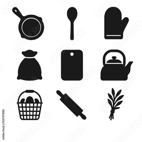 Farmhouse Kitchen Icons. Solid, filled icon set of farmhouse kitchen essentials: cast iron skillet, wooden spoon, oven mitt, flour