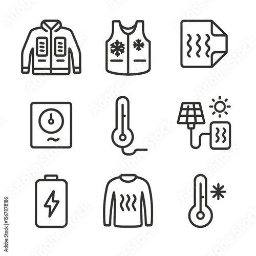 Adaptive Garment Icons. Outline icon set of adaptive temperature-regulating garments: heated jacket, cooling vest, phase-change