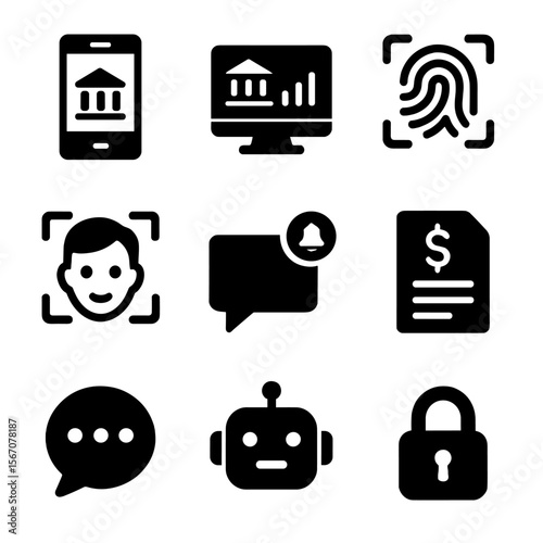 Digital Banking Icons. Solid, Filled icon set of digital banking features: mobile banking app, online dashboard, biometric login
