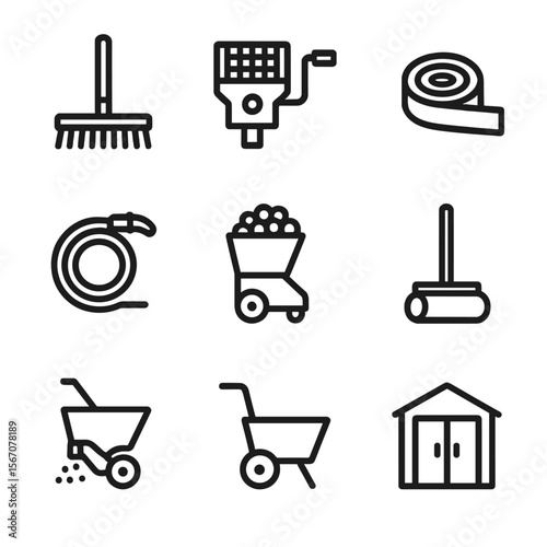 Tennis Court Maintenance Icons. Solid, filled icon set of tennis court maintenance: court brush, net tensioner, line tape, water