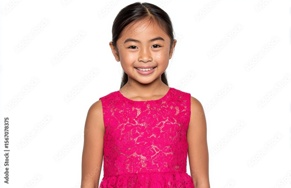 On a white backdrop, a sweet little girl with long brown hair and blue eyes looks directly at the camera, wearing a pink dress and exhibiting a joyful childhood expression through her bright smile On a white backdrop, a sweet little girl with long brown hair and blue eyes looks directly at the camera, wearing a pink dress and exhibiting a joyful childhood expression through her bright smile