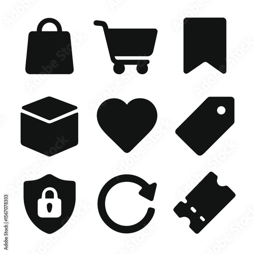 Ecommerce Icon Set. Solid, filled icon set of ecommerce CTA actions: buy now, add to cart, save for later, checkout box, wishlist