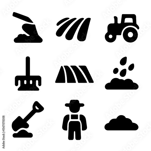 Farming Tools Icons. Solid, filled icon set of soil work: plow, furrows, tractor, rake, field, seeds, shovel, farming, soil. Solid