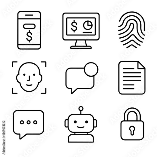 Digital Banking Icons. Outline icon set of digital banking features: mobile banking app, online dashboard, biometric login