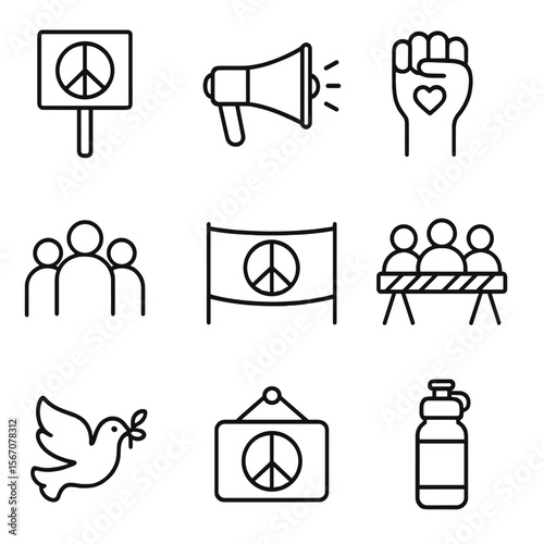 Peaceful Protest Icons. Outline icon set of peace protests and rallies: protest sign, megaphone, raised fist with heart, peace