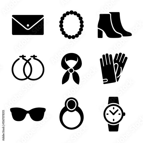 Fashion Icon Grid. Solid, filled icon set of women’s fashion accessories: clutch bag, pearl necklace, ankle boots, hoop earrings,