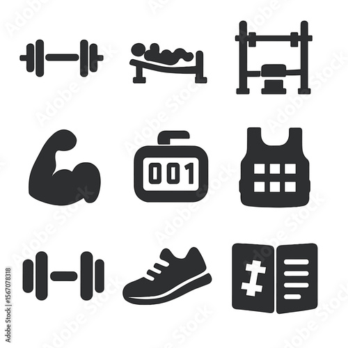 Strength Icons Grid. Solid, filled icons set of strength and conditioning routines: barbell icon, bench press,