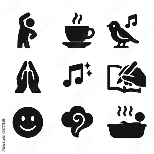 Stress Relief Icons. Solid, filled icons set of stress relief rituals: stretch icon, tea cup, nature sound,