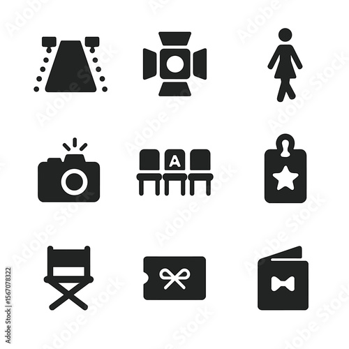 Fashion Show Icons. Solid, filled icon set of fashion show elements: runway, spotlight, model walking, camera flash, front row