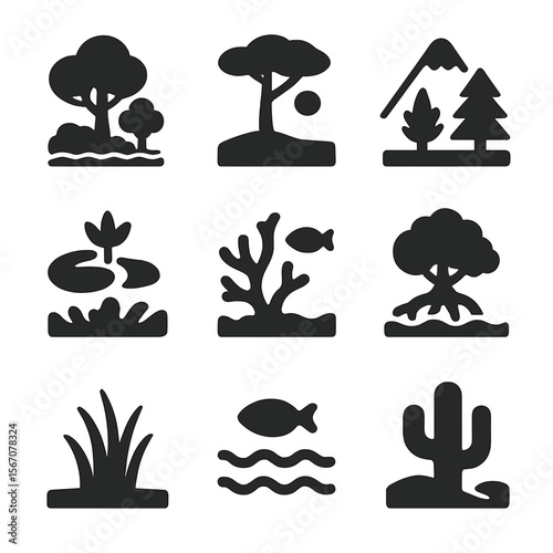 Ecosystem Icons Grid. Solid, filled icon set of Earth ecosystems: rainforest, savannah, tundra, wetlands, coral reef, mangrove,