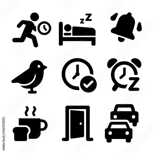 Time Management Icons. Solid, filled icon set of late and early signs: running with clock, overslept bed, urgent reminder, early