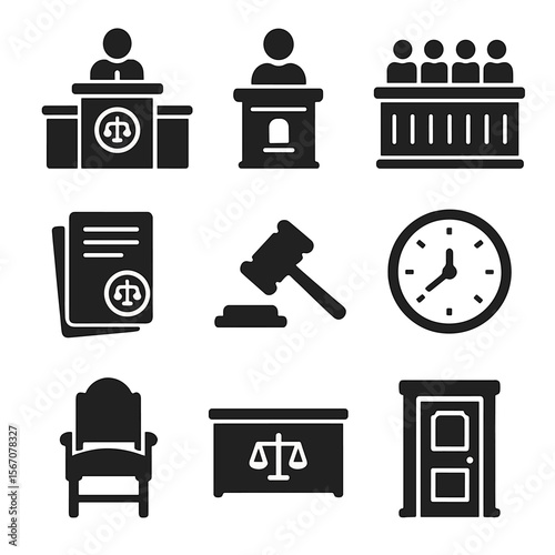 Courtroom Icons Set. Solid, filled icons set of courtroom settings: judge bench, witness stand, jury box,