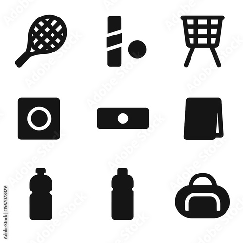 Tennis Gear Icons. Solid, filled icon set of tennis equipment: tennis racket, overgrip, vibration dampener, ball hopper, wristband