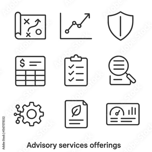 Advisory Services Icons. Outline icon set of advisory services offerings: strategy blueprint, market analysis graph, risk