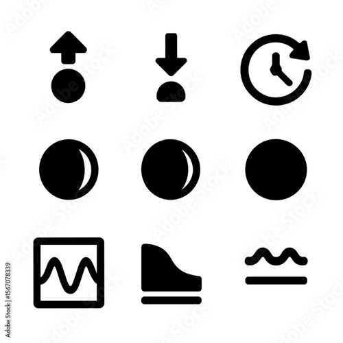 Tide Cycle Icons. Solid, filled icon set of tide cycle symbols: high tide arrow, low tide arrow, tide clock, waxing moon, waning