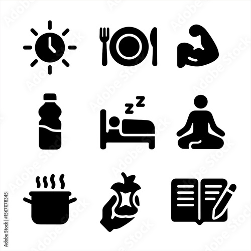 Fasting Routine Icons. Solid, filled icon set of fasting routines: morning fast, evening meal, workout, hydration, sleep,