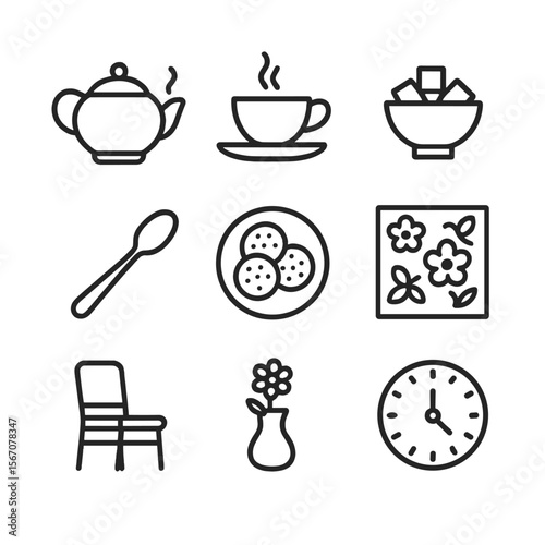Afternoon Tea Icons. Outline icon set of afternoon tea pairing: teapot with steam, teacup on saucer, sugar cubes bowl, teaspoon