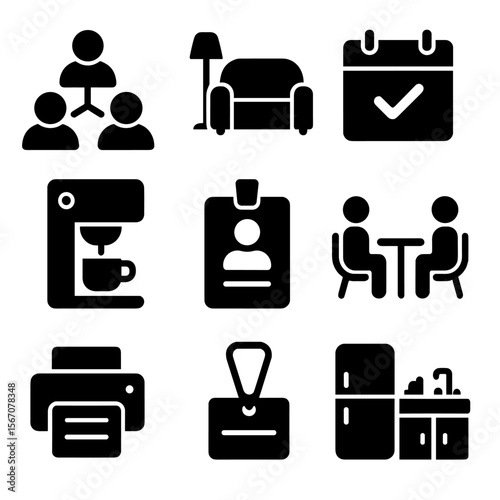 Coworking Space Icons. Solid, filled icons set of coworking community features: networking icon, lounge area,